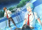  2boys absurdres belt black_pants blue_hair brown_eyes brown_hair closed_eyes ensemble_stars! glasses highres holding holding_hose hose kindo kindo_(quindo_e) long_hair morisawa_chiaki multiple_boys necktie open_mouth pants pool red_necktie shinkai_kanata shirt short_hair teeth tongue upper_teeth_only wet white_shirt 