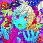  1girl ? @_@ ahoge album_cover blonde_hair blood blue_skin choker colored_skin colorful cover earrings eyelashes feather_earrings feathers glitch gradient_hair heterochromia highres jewelry laur long_hair multicolored_hair nosebleed open_mouth rapunzelholic romaji_text sleeves_past_wrists solo song_name star_(symbol) star_in_eye stuffed_animal stuffed_rabbit stuffed_toy surreal symbol_in_eye window_(computing) 