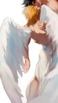  2boys angel angel_and_devil angel_wings battle_tendency black_hair blonde_hair caesar_anthonio_zeppeli demon_boy facial_mark grabbing_wings jojo_no_kimyou_na_bouken joseph_joestar joseph_joestar_(young) male_focus multiple_boys suzuri513 toga topless_male wings 