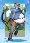  2023 anthro azsola belly big_belly bottomwear clothed clothing eyewear felid footwear fur glasses hair hi_res holding_object holding_wand inner_ear_fluff jacket magic magic_wand male mammal melee_weapon navel obese obese_anthro obese_male one_leg_up open_mouth overweight overweight_anthro overweight_male pantherine raised_leg raised_tail shirt shoes shorts snow_leopard solo standing sword tail topwear torn_clothing tuft weapon weight_gain whiskers zeelo 