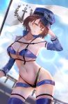  1girl absurdres arm_behind_head arm_up azur_lane baltimore_(azur_lane) baltimore_(finish_line_flagbearer)_(azur_lane) bikini black_bikini blue_bikini blue_footwear blue_headwear blue_jacket blue_shorts blue_sky boots braid breasts brown_hair chest_harness chinese_commentary choker cleavage cloud collarbone commentary_request condom cowboy_shot cropped_jacket day detached_sleeves flag french_braid hair_between_eyes harness hat head_tilt highleg highleg_bikini highres holding holding_pole jacket koinowana large_breasts lens_flare looking_at_viewer micro_shorts mismatched_bikini mixed-language_commentary navel official_alternate_costume parted_lips pole race_queen short_hair shorts sidelocks single_bare_shoulder single_detached_sleeve single_sleeve skindentation sky solo standing stomach sweat swimsuit thigh_boots underboob used_condom yellow_eyes 