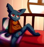  anthro bed blue_body blue_fur bottomless bottomless_female brown_clothing brown_shirt brown_topwear casual_exposure cel_shading clothed clothing embertail803 felid feline female fur furniture genitals hi_res highlights_(coloring) mae_borowski mammal night_in_the_woods notched_ear null_symbol on_bed pussy red_eyes shaded shirt sitting sitting_on_bed solo solo_focus spread_legs spreading topwear 