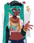  1girl ai-generated_art_(topic) alternate_skin_color anger_vein baseball_cap bracelet breasts chain_necklace commentary cropped_shirt dark-skinned_female dark_skin earrings english_commentary green_eyes grey_hair hat hatsune_miku highres hoop_earrings jewelry long_hair medium_breasts midriff navel necklace open_mouth solo twintails upper_body very_dark_skin very_long_hair vmifishi vocaloid 