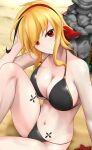  1girl absurdres blonde_hair breasts cleavage firen_inferno hair_ornament highres hololive hololive_indonesia kaela_kovalskia looking_at_viewer red_eyes sand sitting swimsuit tattoo virtual_youtuber 