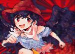  1girl black_hair black_wings blue_shirt brown_headwear brown_skirt cowboy_hat feathered_wings hat itomugi-kun kurokoma_saki long_hair open_mouth pegasus_wings red_eyes running shirt short_sleeves skirt smile solo touhou wings 