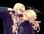  2boys black_background blonde_hair blood blood_on_hands blue_eyes candy clothes_grab daybit_sem_void fangs fate/grand_order fate_(series) feeding food gun gun_in_mouth halo hand_on_another&#039;s_chest heart highres jacket_grab jewelry killerwhale000 long_hair male_focus medallion multiple_boys necklace simple_background sunglasses sweets tezcatlipoca_(fate) upper_body weapon 