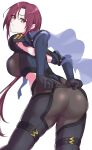  1girl ass back bazett_fraga_mcremitz black_bodysuit bodysuit breasts fate/grand_order fate_(series) highres kugiseiichi large_breasts long_hair looking_at_viewer looking_back low_ponytail manannan_mac_lir_(fate) manannan_mac_lir_(second_ascension)_(fate) mole mole_under_eye parted_bangs pelvic_curtain red_eyes red_hair solo thighs 