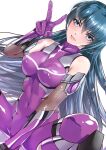  1girl absurdres arion_canvas bare_shoulders blue_eyes blue_hair bodysuit breasts elbow_gloves gloves highres igawa_asagi large_breasts long_hair looking_at_viewer ninja purple_bodysuit purple_gloves skindentation smile solo squatting taimanin_(series) taimanin_asagi v 