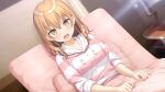  1girl :d asakura_kirika blush brown_eyes brown_hair cardigan dutch_angle game_cg hair_between_eyes highres hood hood_down hooded_cardigan indoors kamisama_no_you_na_kimi_e kantoku long_hair looking_at_viewer open_mouth pillow sitting smile solo straight_hair striped_cardigan sunlight under_covers upper_body 