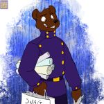  1:1 2023 angus_(tobi3b) anthro bear belt black_nose brown_body brown_fur clothing english_text foxenawolf fur male mammal purple_clothing smile solo text uniform 