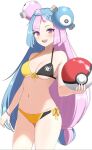  1girl :d alternate_costume ball bead_bracelet beads bikini blue_hair blush bracelet breasts character_hair_ornament cleavage commentary_request cowboy_shot hair_ornament highres holding holding_ball iono_(pokemon) jewelry long_hair looking_at_viewer multicolored_hair navel open_mouth pokemon pokemon_(game) pokemon_sv purple_eyes purple_hair sharp_teeth shiny_skin side-tie_bikini_bottom simple_background smile solo surippa1010 swimsuit teeth tongue two-tone_hair upper_teeth_only white_background 