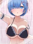  1girl :o against_glass arm_garter arm_up bikini black_bikini blue_eyes blue_hair blush breast_press breasts breasts_on_glass eyes_visible_through_hair frilled_bikini frills hair_ornament hair_over_one_eye highres honyuuruinomoto large_breasts maid maid_bikini re:zero_kara_hajimeru_isekai_seikatsu rem_(re:zero) short_hair solo strap_slip swimsuit unconventional_maid x_hair_ornament 