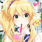  1girl ahoge alternate_hairstyle blonde_hair blue_bow blue_bowtie blurry blurry_background blush bow bowtie breasts bubble_tea cream cup drinking_straw emoji green_eyes hair_ornament hair_scrunchie hand_up heart holding holding_cup hoshii_miki idolmaster idolmaster_(classic) idolmaster_million_live! idolmaster_million_live!_theater_days long_hair looking_at_viewer medium_breasts mouth_hold onigiri_earrings photo_background portrait purple_scrunchie scrunchie shirt side_ponytail solo sparkle tao_tao_mao twitter_username white_shirt 
