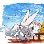  1girl absurdly_long_hair animal_ears barefoot big_head blue_sky branch chibi cloud cloudy_sky commentary_request day fence fox_ears fox_girl fox_tail grey_hair hair_between_eyes highres japanese_clothes kimono long_hair long_sleeves original outdoors ponytail profile sky solo standing tail very_long_hair white_kimono wide_sleeves yuuji_(yukimimi) 
