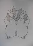  anthro big_breasts breasts bust_portrait cheek_tuft facial_tuft felid feline female generation_7_pokemon graphite_(artwork) greyscale huge_breasts incineroar joey-darkmeat mammal monochrome nintendo nipples nude pencil_(artwork) pokemon pokemon_(species) portrait sketch solo traditional_media_(artwork) tuft 