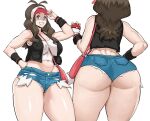  1girl baseball_cap blue_eyes blue_shorts breasts brown_hair curvy cyberboi from_behind grin hat hilda_(pokemon) holding holding_poke_ball long_hair micro_shorts multiple_views navel plump poke_ball poke_ball_(basic) pokemon pokemon_(game) pokemon_bw ponytail shirt shorts simple_background smile sweat thick_thighs thighs white_background white_shirt wristband 