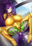  1girl ass breasts cockpit crossover eiken gigantic_breasts hand_on_own_chest highres izuthree long_hair misono_kirika neon_genesis_evangelion plugsuit ponytail purple_eyes purple_hair shiny_skin sitting skin_tight smile spread_legs thighs very_long_hair wide_spread_legs 