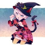  1girl black_headwear black_tail blue_eyes blush bow cat_tail daisy_duck disney dot_nose dress eyelashes hat humanization kiri_futoshi leaf_print open_mouth paw_pose red_bow red_dress short_hair solo tail tail_bow tail_ornament white_hair witch_hat 