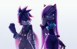  absurd_res alien anthro blue_eyes bottomwear bracelet clothing duo fan_character female gloves hand_on_cheek handwear hi_res jacket jewelry pants pink_body purple_body sega shirt skirt sonic_the_hedgehog_(series) speen_(character) speendlexmk2 spiked_bracelet spikes topwear 