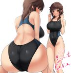  1girl amagami ass back back_focus black_one-piece_swimsuit blurry breasts brown_eyes brown_hair commentary_request commission competition_swimsuit dated depth_of_field feet_out_of_frame from_behind highleg highleg_swimsuit highres large_breasts looking_back medium_hair multiple_views one-piece_swimsuit pixiv_commission sakurai_rihoko sidelocks signature simple_background swimsuit two-tone_swimsuit white_background yoo_tenchi 