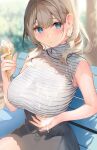  1girl bare_arms bench black_skirt blonde_hair blue_eyes blurry blurry_background blush breasts closed_mouth food food_on_body food_on_breasts hair_behind_ear hair_over_shoulder hand_up head_tilt high-waist_skirt holding holding_food holding_ice_cream ice_cream ice_cream_cone inushima large_breasts long_hair looking_at_viewer miniskirt original outdoors park_bench shirt sitting skirt sleeveless sleeveless_turtleneck solo striped striped_shirt taut_clothes taut_shirt turtleneck 