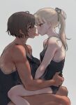 2girls black_ribbon blonde_hair blue_eyes breasts brown_eyes brown_hair eye_contact french_kiss grey_background hair_ribbon highres kei_(m_k) kiss large_breasts looking_at_another m_k multiple_girls one-piece_swimsuit original ribbon rika_(m_k) saliva short_hair simple_background small_breasts sweat swimsuit tongue tongue_out yuri 