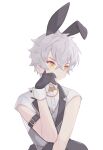  1boy animal_ears arm_strap collared_shirt commentary ear_piercing ensemble_stars! fake_animal_ears gloves grey_hair hand_on_own_cheek hand_on_own_face highres male_focus ogami_koga piercing rabbit_ears rorol shirt short_hair short_sleeves solo upper_body v-shaped_eyebrows vest wrist_cuffs yellow_eyes 