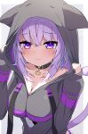  1girl absurdres animal_ears black_collar breasts cat_ears cat_tail cleavage collar highres hololive hood hood_pull hood_up hoodie large_breasts nekomata_okayu purple_eyes purple_hair tail tarakore_sauce tears virtual_youtuber 