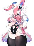  anthro blue_eyes bow_ribbon breasts clothed clothing eeveelution female gardevoir generation_3_pokemon generation_6_pokemon hair hi_res hybrid legwear looking_at_viewer nintendo pink_hair pokemon pokemon_(species) simple_background solo sylveon togetoge 