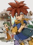  1boy 1girl :3 :d animal apron artist_name cat chibi chrono_trigger closed_eyes closed_mouth commentary_request crono&#039;s_mother crono_(chrono_trigger) forehead frying_pan green_eyes green_hair headband highres holding holding_frying_pan indoors kitchen looking_at_viewer open_mouth pants ponytail red_hair refrigerator short_sleeves smile spatula tunic uzutanco white_apron white_headband white_pants window 