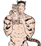  1boy :q abs animal animal_ears bara body_fur cowboy_shot gimgyeon_(dog_0987) highres holding holding_animal large_pectorals looking_at_viewer male_focus mature_male muscular muscular_male navel nude original out-of-frame_censoring pectorals sanpaku seductive_smile short_hair sideburns smile solo stomach tail thick_eyebrows tiger tiger_boy tiger_cub tiger_ears tiger_stripes tiger_tail tongue tongue_out undercut 