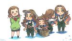  2girls :3 basket black_skirt black_socks blush_stickers bow bowtie brown_footwear brown_hair buttons chibi closed_eyes closed_mouth commentary_request drill_hair enuma_(uma-festival) fang forehead full_body green_eyes green_overalls green_sweater hair_ornament hair_scrunchie hat highres holding idolmaster idolmaster_cinderella_girls kusakabe_wakaba long_hair long_sleeves medium_hair multiple_girls multiple_views no_nose ohara_michiru open_mouth overalls parted_bangs red_bow red_bowtie scrunchie severed_hair shadow shirt signature skin_fang skirt socks straight_hair straw_hat sweater swept_bangs twin_drills twintails very_long_hair wavy_hair white_shirt wicker_basket yellow_footwear 