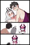  1boy 2girls anger_vein bed_sheet black_hair blue_eyes blush carmilla_(fate) commentary dragon_horns dreaming elizabeth_bathory_(fate) elizabeth_bathory_(fate/extra_ccc) english_commentary fate/grand_order fate_(series) forehead fujimaru_ritsuka_(male) grey_eyes grey_hair hair_ornament highres horns monkey_jon multiple_girls navel nude pillow pointy_ears purple_hair signature sweat sweatdrop yellow_eyes 