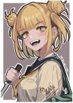  1girl :d absurdres artist_name bag blonde_hair blue_sailor_collar blunt_bangs blush boku_no_hero_academia breasts brown_background cardigan combat_knife commentary double_bun english_commentary fangs from_side green_bag hair_bun hair_up highres holding holding_knife holding_weapon knife looking_at_viewer medium_breasts melissa_2.0 messy_hair mixed-language_commentary neckerchief open_mouth outline outside_border pixiv_id reverse_grip sailor_collar school_bag school_uniform signature simple_background smile solo teeth toga_himiko weapon white_outline yellow_cardigan yellow_eyes yellow_neckerchief 