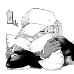  1girl baseball_cap battery_indicator black_shirt girls&#039;_frontline gloves greyscale hat highres hug long_sleeves looking_at_viewer monochrome pillow ponytail scar-h_(girls&#039;_frontline) shirt simple_background solo sugac translation_request upper_body white_background 
