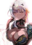  1girl absurdres arm_up armor armored_bodysuit bandaged_head bandages black_gloves bodysuit breasts brown_bodysuit cleavage collarbone fingerless_gloves gloves goddess_of_victory:_nikke grey_hair hair_behind_ear hair_ornament hair_ribbon highres large_breasts light light_blush long_hair looking_at_viewer mecha_musume modernia_(nikke) red_eyes ribbon see-through_cleavage shoulder_armor simple_background single_sidelock smile solo upper_body velceed yellow_ribbon 