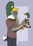  anas anatid anseriform avian beak bird clothing dabbling_duck duck feathers hand_on_chin male mallard shirt tabbiewolf topwear 