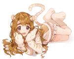  1girl :d animal_ears animal_hands bell blush boots brown_dress brown_eyes brown_hair cat_ears cat_paws cat_tail dress fake_animal_ears fake_tail frilled_dress frills full_body fur-trimmed_boots fur_trim gloves head_rest idolmaster idolmaster_million_live! idolmaster_million_live!_theater_days inzup jingle_bell long_hair long_sleeves looking_at_viewer lying miyao_miya neck_bell on_side open_mouth simple_background smile solo tail thick_eyebrows white_background white_footwear white_gloves 