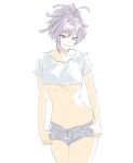  1girl :&gt; breasts clothes_lift cowboy_shot highres jigokuraku looking_at_viewer medium_breasts medium_hair mitsugu pale_color shirt shirt_lift short_ponytail short_shorts shorts simple_background smile solo underboob white_background white_shirt yuzuriha_(jigokuraku) 