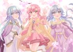  blush cape circlet commentary_request deirdre_(fire_emblem) dress ethlyn_(fire_emblem) fire_emblem fire_emblem:_genealogy_of_the_holy_war highres holding_hands julia_(fire_emblem) long_sleeves multiple_girls open_mouth pink_eyes pink_hair potato0805 purple_cape purple_eyes purple_hair sash simple_background skirt v yellow_cape 