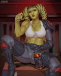  1girl alcohol alien artist_name black_footwear black_pants bottle breasts colored_skin green_skin holding holding_bottle indoors looking_at_viewer medium_breasts muscular nesoun pants purple_eyes sitting solo sports_bra spread_legs star_wars twi&#039;lek white_sports_bra 