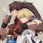  2boys black_gloves blonde_hair blue_gloves brown_hair coffee_cup cup disposable_cup father-in-law_and_son-in-law fingerless_gloves gloves green_eyes guilty_gear guilty_gear_strive hair_between_eyes highres holding holding_cup hug ky_kiske long_hair long_sleeves looking_at_viewer male_focus multiple_boys ponytail red_eyes short_hair sol_badguy talgi 