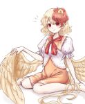  1girl barefoot bird blonde_hair chick curly_hair dress highres holding looking_at_viewer multicolored_hair niwatari_kutaka open_mouth orange_dress puffy_sleeves red_eyes red_hair red_tie rooster_tail shadow shirt sitting solo suna_sen touhou white_background white_shirt wings yellow_wings 