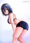  1girl absurdres alfarejected armpits bent_over black_hair blue_eyes blush breasts gradient_background hair_between_eyes hand_on_own_thigh highres kill_la_kill looking_back matoi_ryuuko medium_breasts messy_hair multicolored_hair panties parted_lips revealing_clothes short_hair short_shorts shorts sideboob signature simple_background streaked_hair sweat thighs trigger_(company) two-tone_hair underwear 