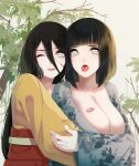  2girls ;) black_hair blunt_bangs breasts cleavage english_commentary floral_print hair_between_eyes hyuuga_hanabi hyuuga_hinata incest japanese_clothes kimono large_breasts lips lipstick_mark lipstick_mark_on_breast long_hair looking_at_viewer medium_breasts medium_hair multiple_girls naruto naruto_(series) obi one_eye_closed open_clothes open_kimono open_mouth rizuto sash siblings sisters smile tongue tongue_out upper_body white_background white_eyes wide_sleeves yellow_kimono yuri 