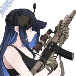  1girl assault_rifle bare_shoulders baseball_cap black_headwear black_shirt blue_archive blue_eyes blue_hair breasts camouflage cleavage gloves gun halo hat headphones holding holding_gun holding_weapon long_hair m4_carbine pz-15 rifle saori_(blue_archive) shirt simple_background sleeveless sleeveless_shirt solo trigger_discipline upper_body weapon white_background 