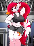  absurd_res anthro arm_tattoo big_breasts bra breasts clothing darkadibuja female fur hair hi_res muscular red_eyes red_hair solo solo_focus sports_bra sportswear tattoo underwear white_body white_fur 