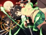  1girl armor asuka_(senran_kagura) bandages belt black_hair black_thighhighs blush breasts brown_eyes cloud dark-skinned_female dark_skin dress dual_wielding energy english_commentary fighting fire flame forest full_moon green_eyes green_necktie green_skirt hair_ribbon high_ponytail holding holding_sword holding_weapon homura_(senran_kagura) impossible_clothes impossible_sweater japanese_armor katana koshirae kote kurokote large_breasts long_hair midair moon moonlight multiple_girls multiple_swords multiple_wielding nature necktie night night_sky official_art ootachi open_mouth outdoors plaid plaid_skirt plant ponytail red_moon red_scarf red_sky ribbon scabbard scarf school_uniform senran_kagura senran_kagura_shinovi_versus senran_kagura_shoujo-tachi_no_shin&#039;ei sheath sheathed shirt short_dress short_hair short_ponytail skirt sky smirk sweater sweater_vest sword tan thigh_strap thighhighs tile_roof tree tsuba_(guard) tsuka-ito unsheathed very_long_hair vest wakizashi weapon white_ribbon white_shirt yaegashi_nan 