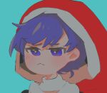  1girl :&lt; aqua_background blue_eyes blue_headwear closed_mouth doremy_sweet hat lowres minamia23 nightcap red_headwear short_hair solo touhou upper_body 