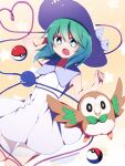  1girl aqua_eyes aqua_hair bird bow bright_pupils dress eyeball frown gradient_hair green_hair hat hat_bow hat_ribbon komeiji_koishi looking_at_viewer medium_hair multicolored_hair open_mouth poke_ball pokemon pokemon_(creature) ribbon rowlet sleeveless sleeveless_dress solo third_eye touhou two-tone_hair white_dress white_pupils yellow_background you_(noanoamoemoe) 